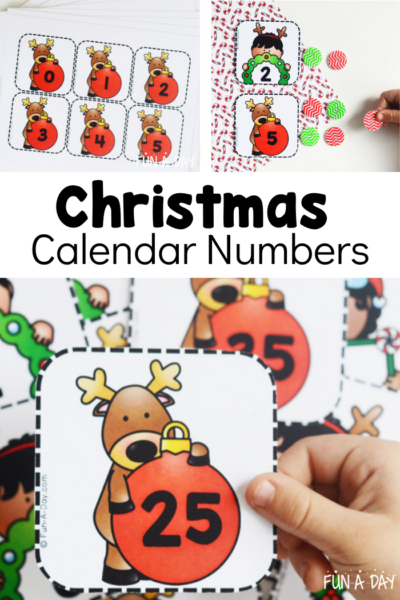 3 images of printable calendar numbers from a preschool activity. Copy reads: Christmas calendar numbers