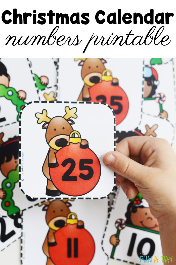 preschool boy's hand holding a reindeer card with the number 25 on it. caption reads: Christmas calendar numbers printable