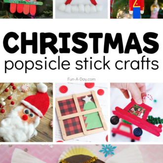 collage of preschool christmas crafts with text that reads christmas popsicle stick crafts