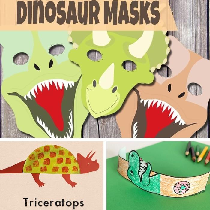 free dinosaur printables including dinosaur masks, dino paper plate craft, and printable dinosaur bracelets to color in for kids