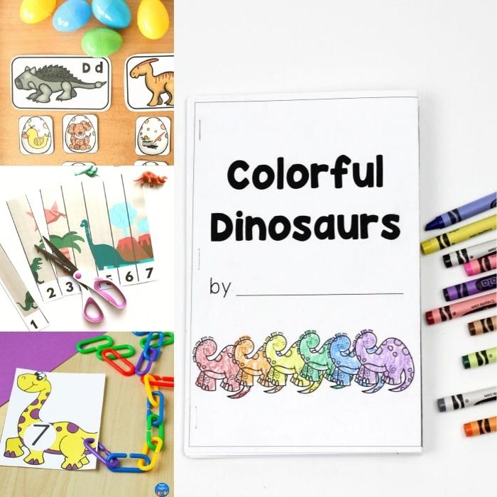 4 printables for preschoolers - dinosaur cards, puzzle, book, counting activity