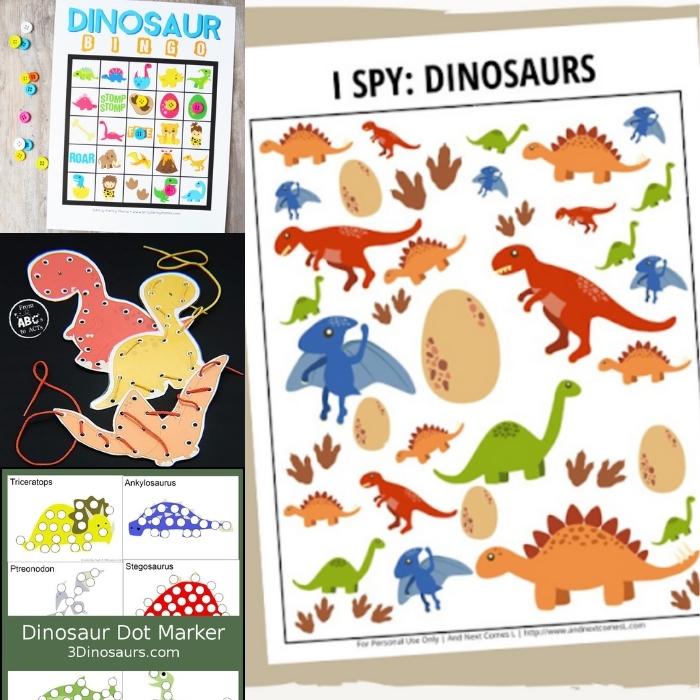 free dinosaur printable activities for kids: bingo, i spy, lacing cards, dot pages