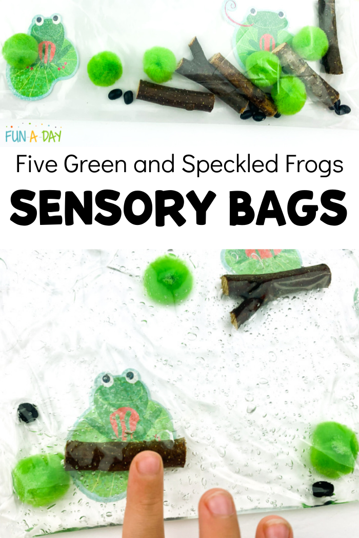 preschool sensory bag with text that reads five green and speckled frogs sensory bags