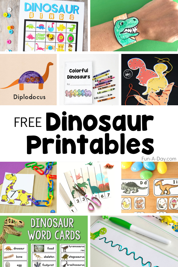 free dinosaur printables roundup - images of preschool emergent reader, lacing dinosaurs printable, puzzle, letter cards, word and math cards for preschoolers
