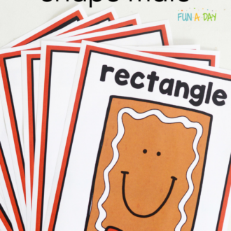 fanned out stack of preschool printables with heading that reads: Gingerbread man shape mats