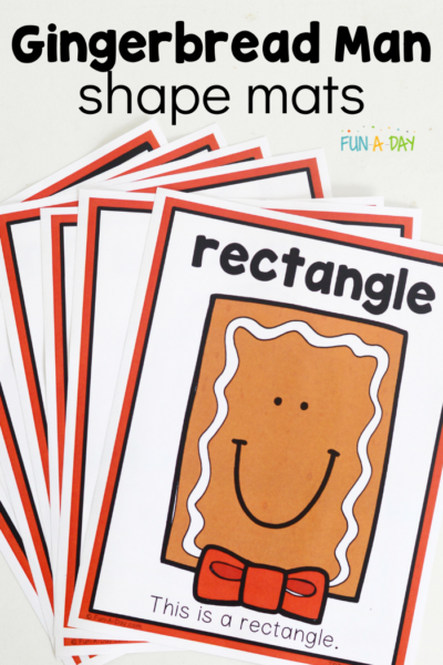 fanned out stack of preschool printables with heading that reads: Gingerbread man shape mats