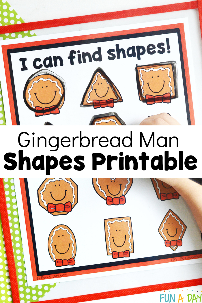 printable with gingerbread shapes inside of dry erase mat with child's hand tracing them - copy reads: Gingerbread Man Shapes Printable