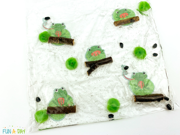 plastic gallon-sized bag filled with frog stickers, hair gel, sticks, black beans, and green pom poms to make sensory bag project