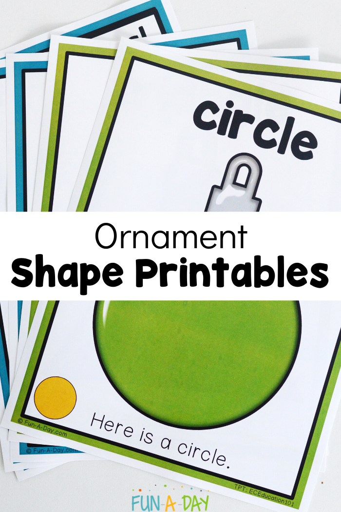 fanned out stack of preschool ornament shape printables - green circle ornament on top, and copy reads: Ornament Shape Printables