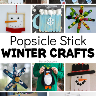 collage of craft stick ideas for kids with text that reads popsicle stick winter crafts