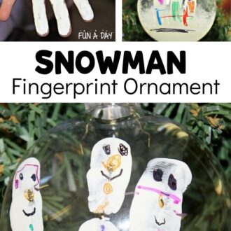 Collage photos of child's hand, and 2 preschool ornament crafts with copy that reads: Snowman Fingerprint Ornament