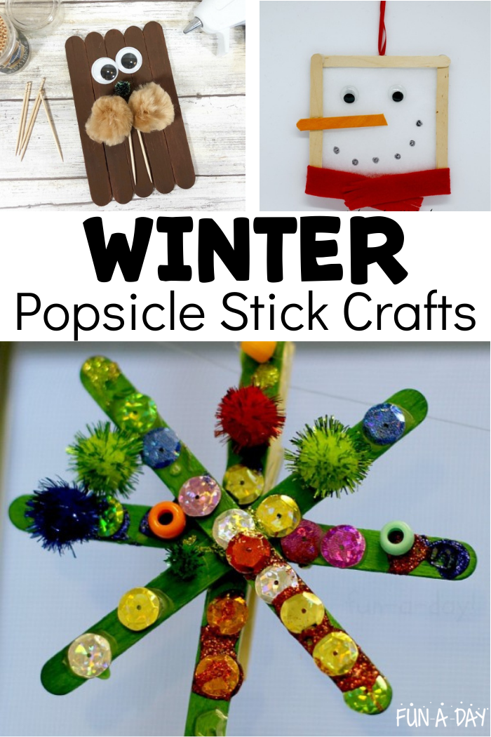 3 craft stick ideas with text that reads winter popsicle stick crafts