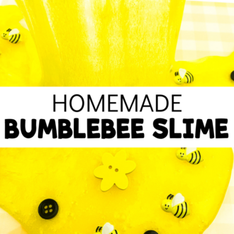 Bee slime being stretched out with text that reads homemade bumblebee slime.