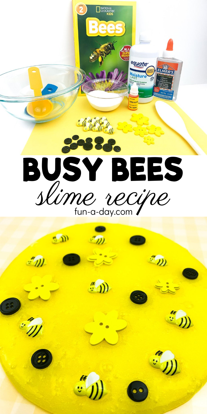 Image of bee slime recipe ingredients and completed bee slime with text that reads busy bee slime recipe.