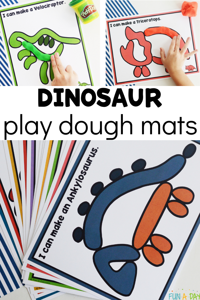 Collage of three images from the dinosaur play dough mat free printable activity with text that reads dinosaur play dough mats.