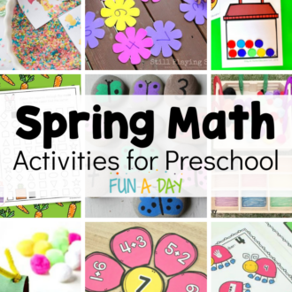 collage of photos from spring math activities for preschool