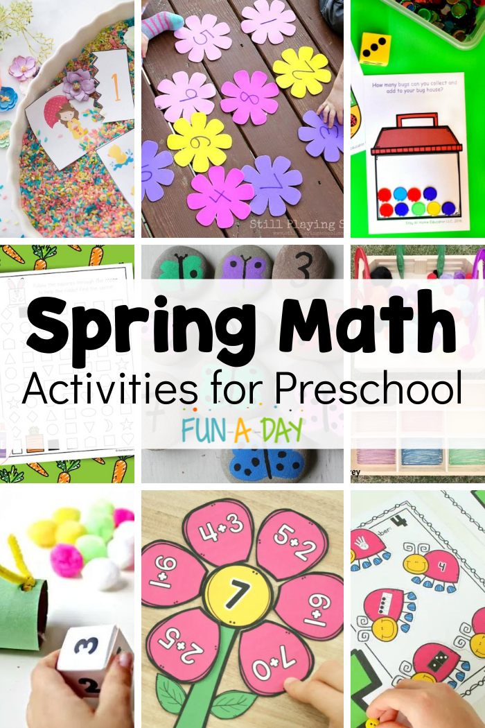 collage of preschool math ideas with text that reads spring math activities for preschool