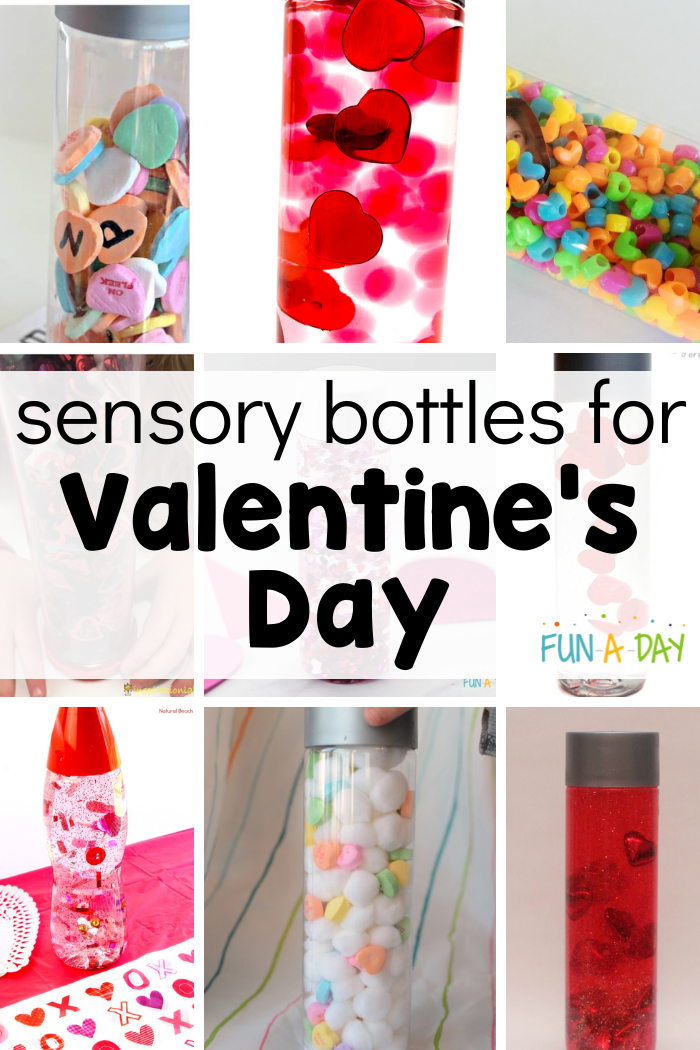 nine different valentine's day themed sensory bottles in a pinnable collage with the text sensory bottles for Valentine's Day