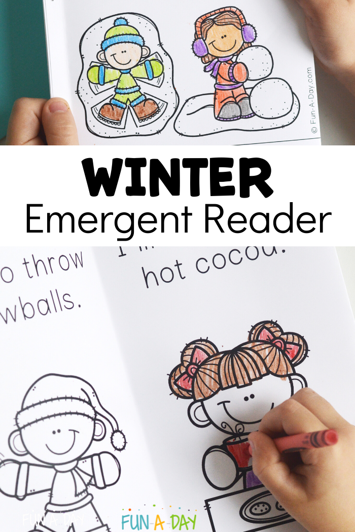 2 images from a printable book about winter showing illustrations of children doing winter activities. Child's hand is coloring in one illustration. Copy reads: Winter Emergent Reader