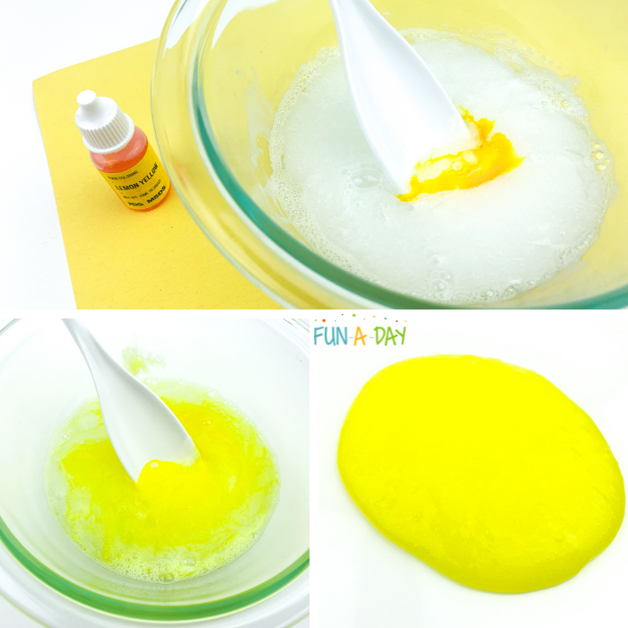 Collage of images depicting the last three steps in making the yellow slime.