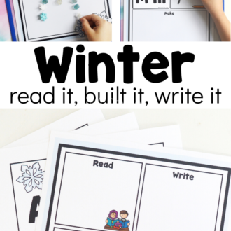 3 views of ABC printable with text that reads winter read it, build it, write it