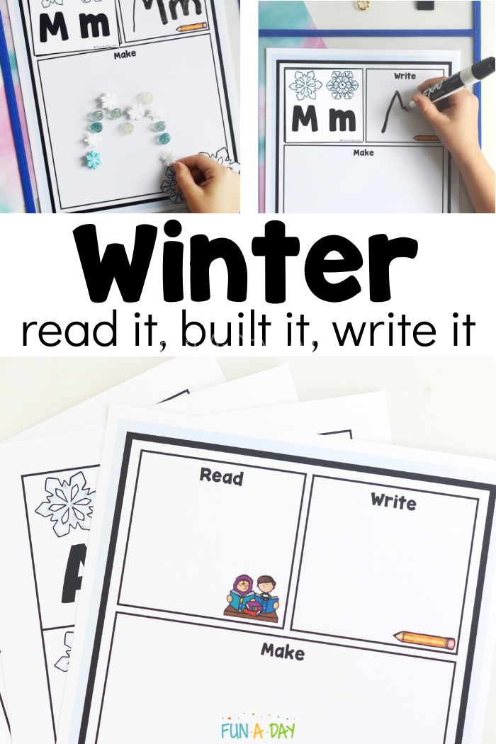 3 views of ABC printable with text that reads winter read it, build it, write it