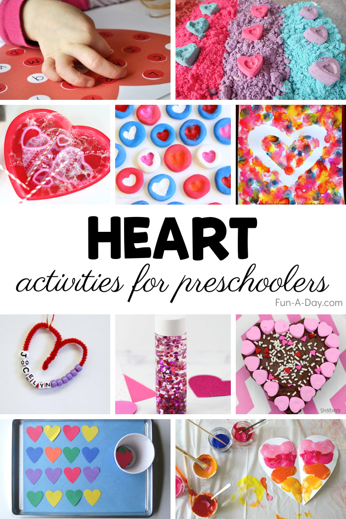 collage of heart-themed ideas for kids  showing craft, math, literacy, and science activities, with text that reads heart activities for preschoolers