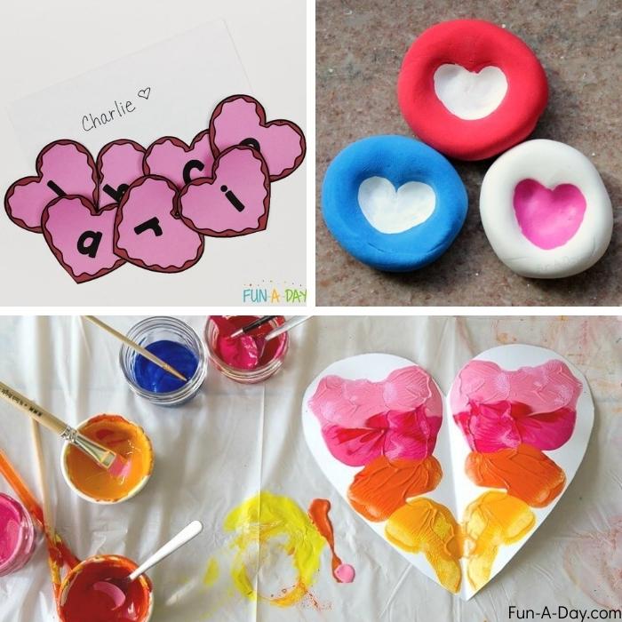 3 cute heart crafts for preschoolers are shown - a name craft, clay craft, and art paint smushing