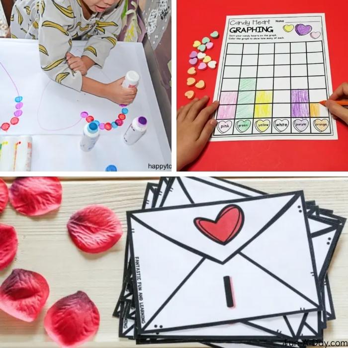 3 math heart activities = dot marker pattern-making on a large heart shape, a graphing printable using candy hearts, printed out envelopes with numbers and hearts for a math game