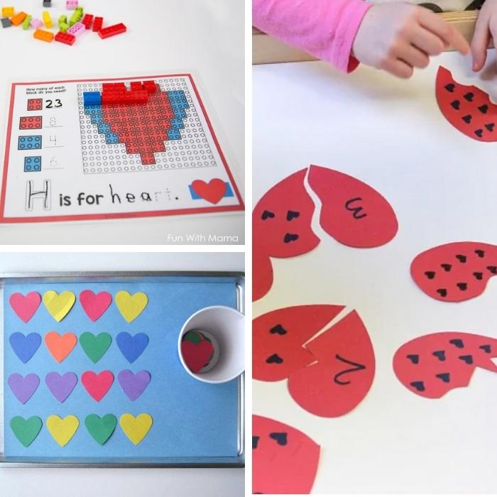 heart math activities: a heart-shaped lego mat, heart number matching puzzle, heart patterns in colored paper