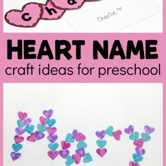 2 name crafts for valentine's day with text that reads heart name craft ideas for preschool