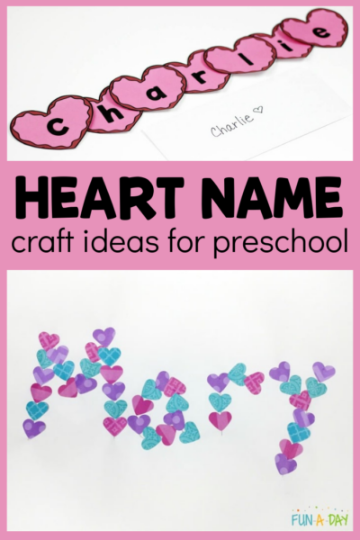 2 name crafts for valentine's day with text that reads heart name craft ideas for preschool