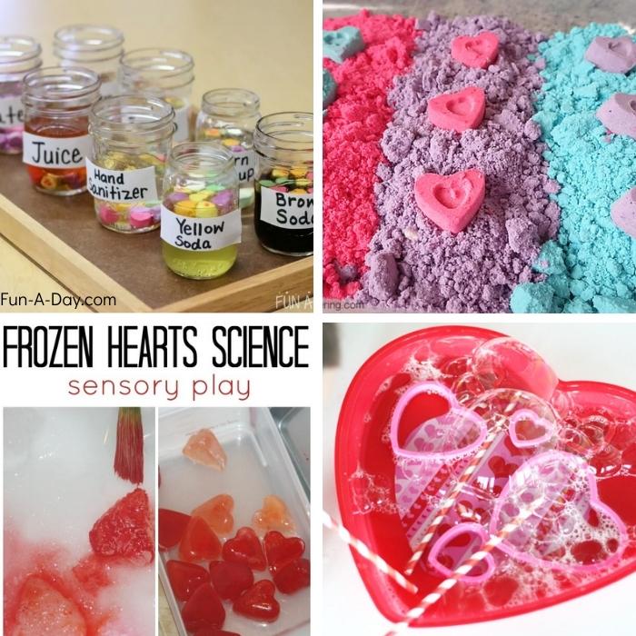 heart science activities showing: candy hearts science experiment in different liquids in jars, cloud foam in pink, purple, and blue with hearts on top, bubbles being blown through straws in heart containers with heart cookie cutters, frozen hearts in an ice tray