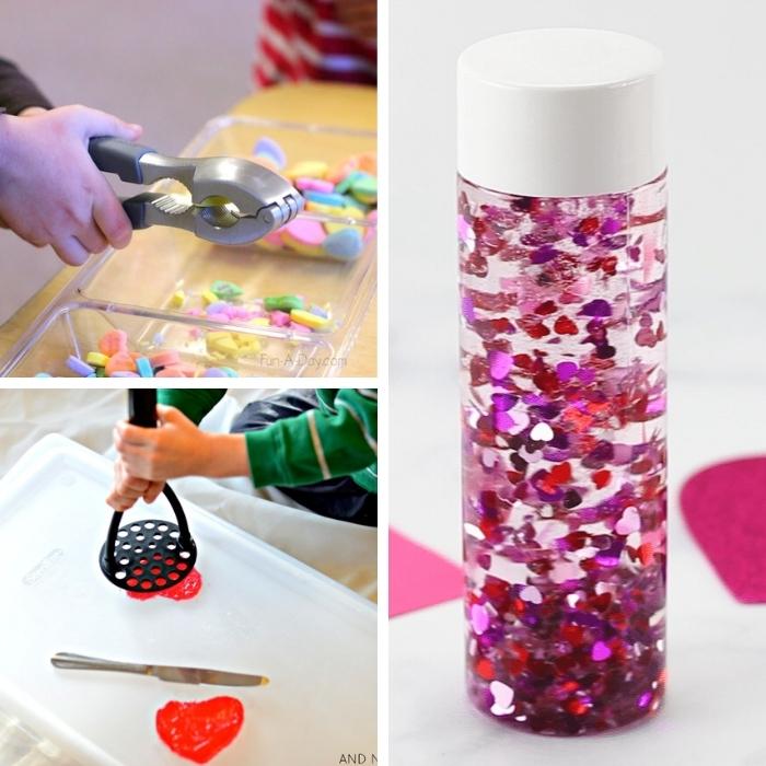 sensory heart projects for preschoolers: play dough purple and red hearts, a sensory glitter heart jar, smooshing gelatin hearts with a potato masher, and cracking heart candies with a nutcracker