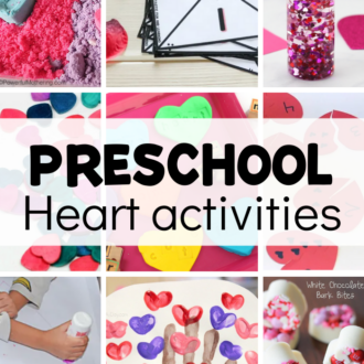 photos showing lots of preschool heart activities - fingerprint painting, dot marker, sensory jar, cloud dough, and number activities