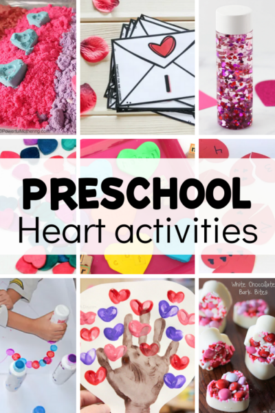 photos showing lots of preschool heart activities - fingerprint painting, dot marker, sensory jar, cloud dough, and number activities