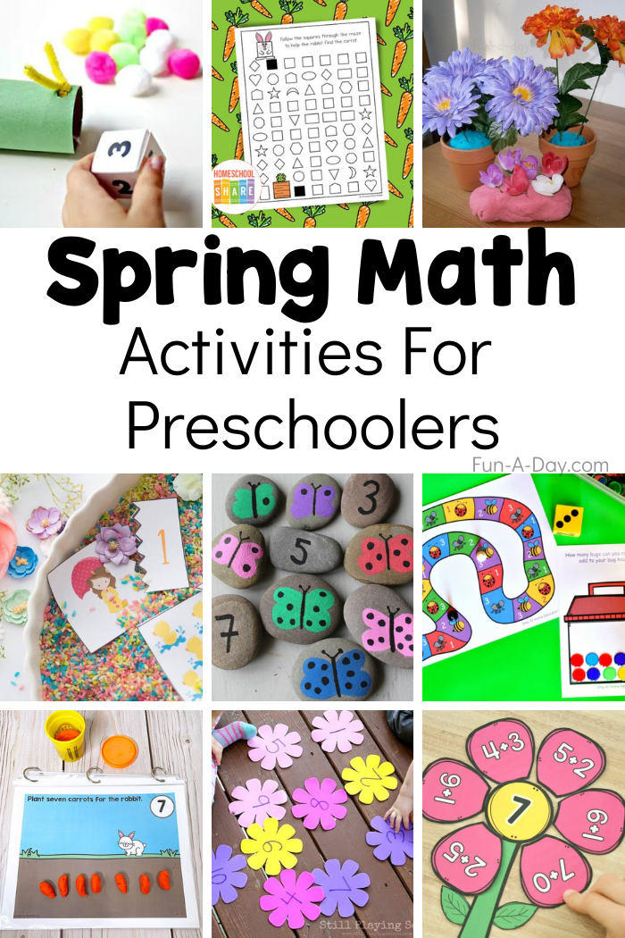 collage of different math ideas with text that reads spring math activities for preschoolers