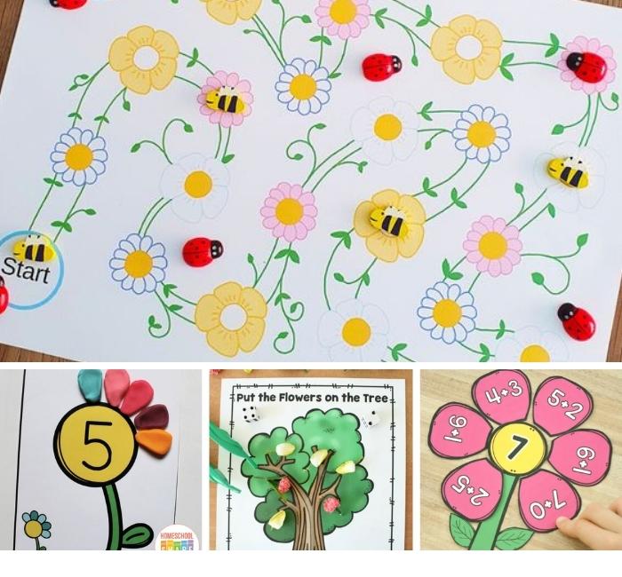 collage of flower-themed spring math activities for preschool