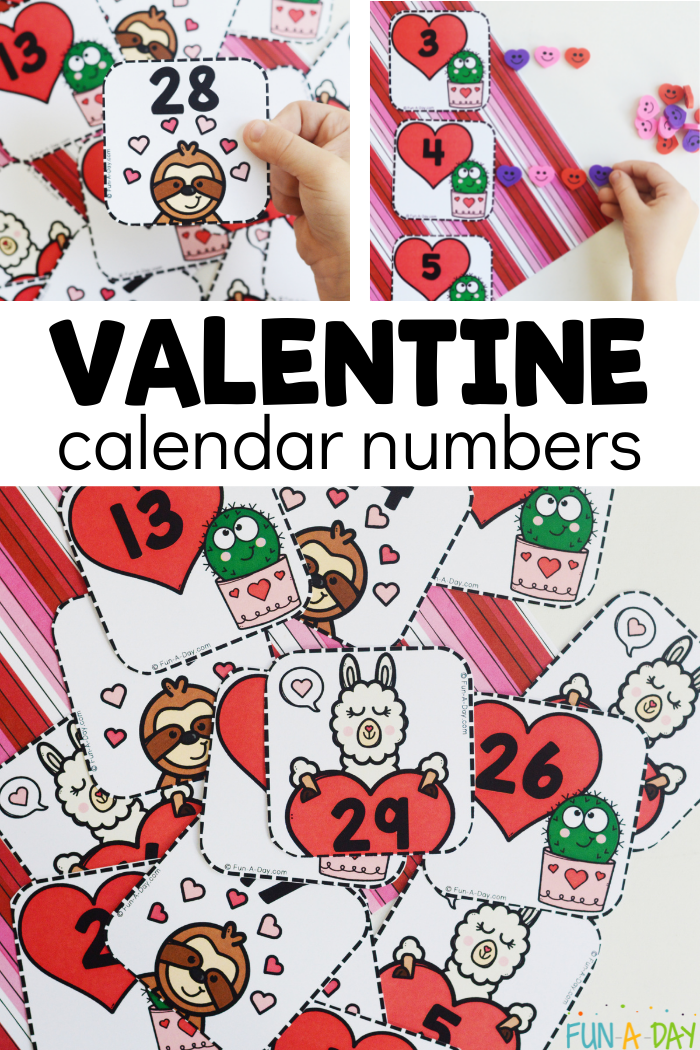 3 different views of heart number cards for preschool math. Text reads: Valentine calendar numbers