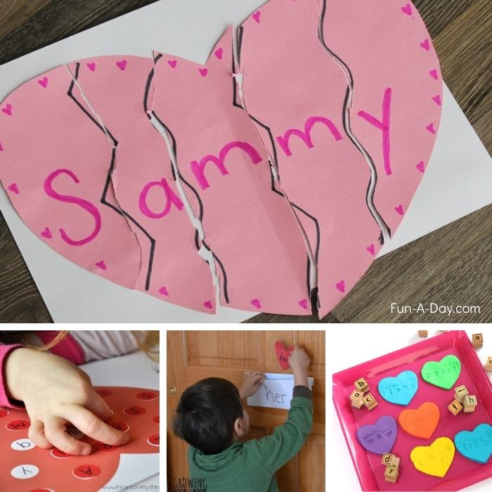 shown are: a name heart puzzle that reads Sammy, letter stamps with play dough hearts, a preschool boy placing a heart word into an evelope on a door with the word 