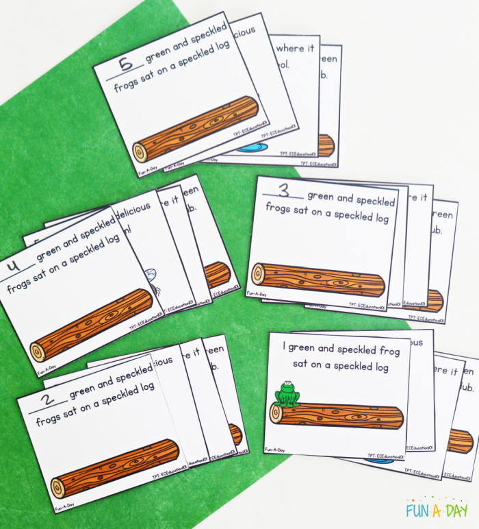 stacks of sequence cards for preschool rhyme 5 green and speckled frogs