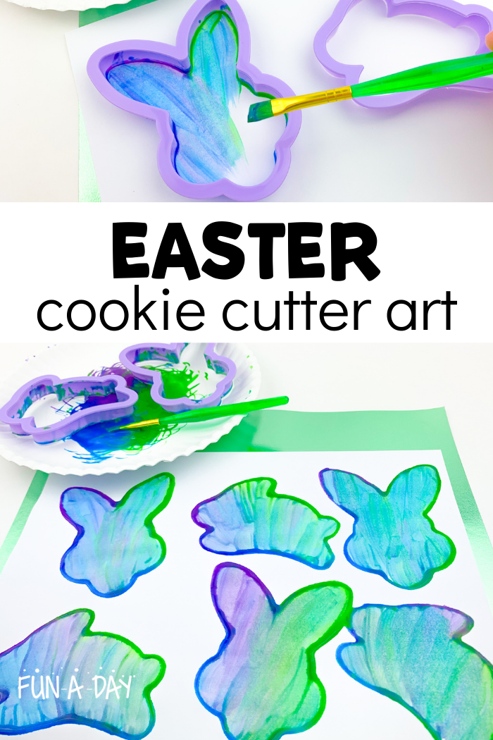 Easy Easter art with purple, green, and blue paint. Text reads Easter cookie cutter art.