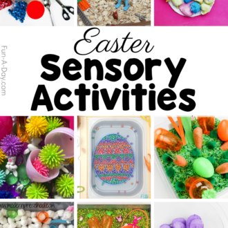photos of different Easter sensory play ideas for preschoolers - with carrots, bunnies, sensory bins, slime