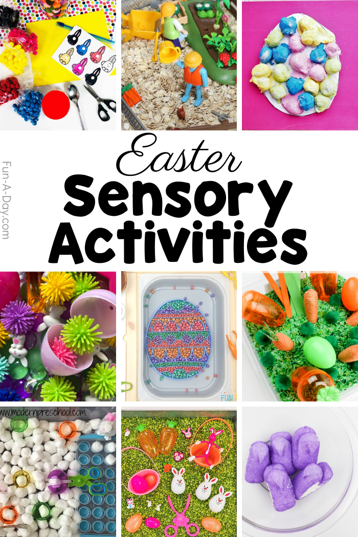 collage of different Easter sensory play ideas for preschoolers - with carrots, bunnies, sensory bins, slime