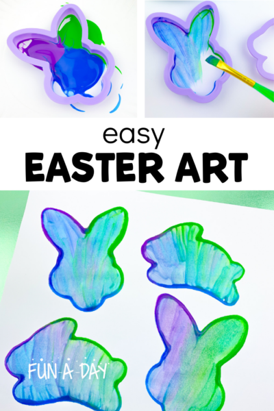 Three images outlining the creation of the bunny art with text that reads easy Easter art.