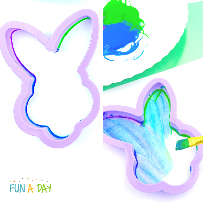 Collage of easy Easter art using bunny cookie cutters and colorful paint.
