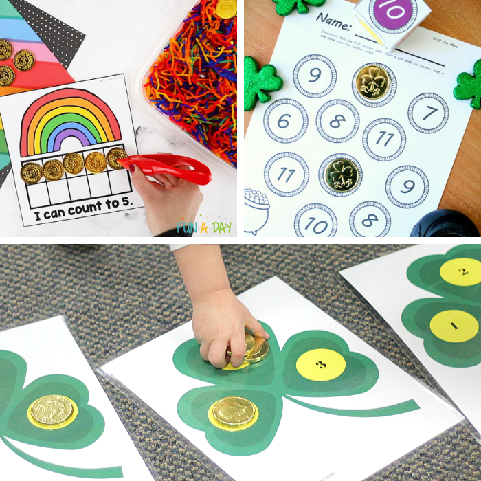 Collage of three gold coin math activities for St. Patrick's Day.