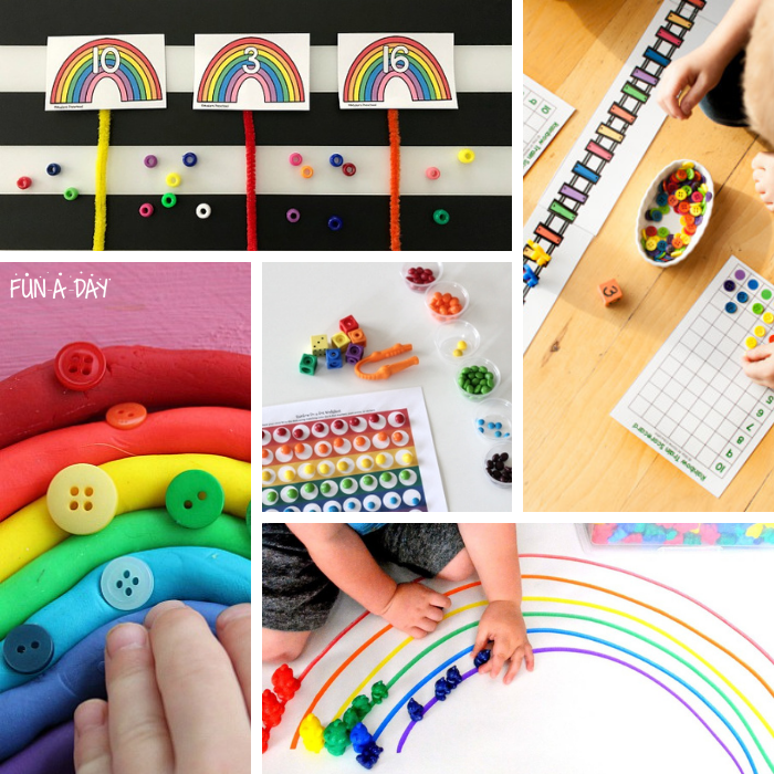 Collage of five St. Patrick's Day rainbow math activities.