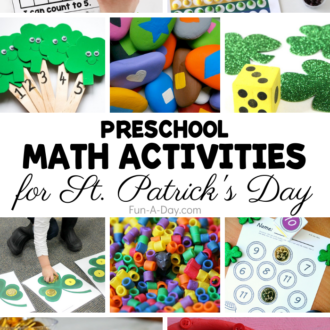 Collage of images from the St Patricks Day math activity collection. Text that reads preschool math activities for St Patricks Day.