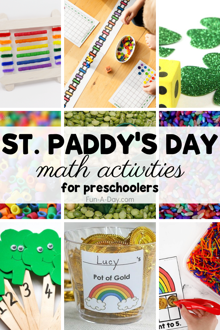 Collage of ideas from the St. Patrick's Day math collection. Text that reads St. Paddy's Day math activities for preschoolers.